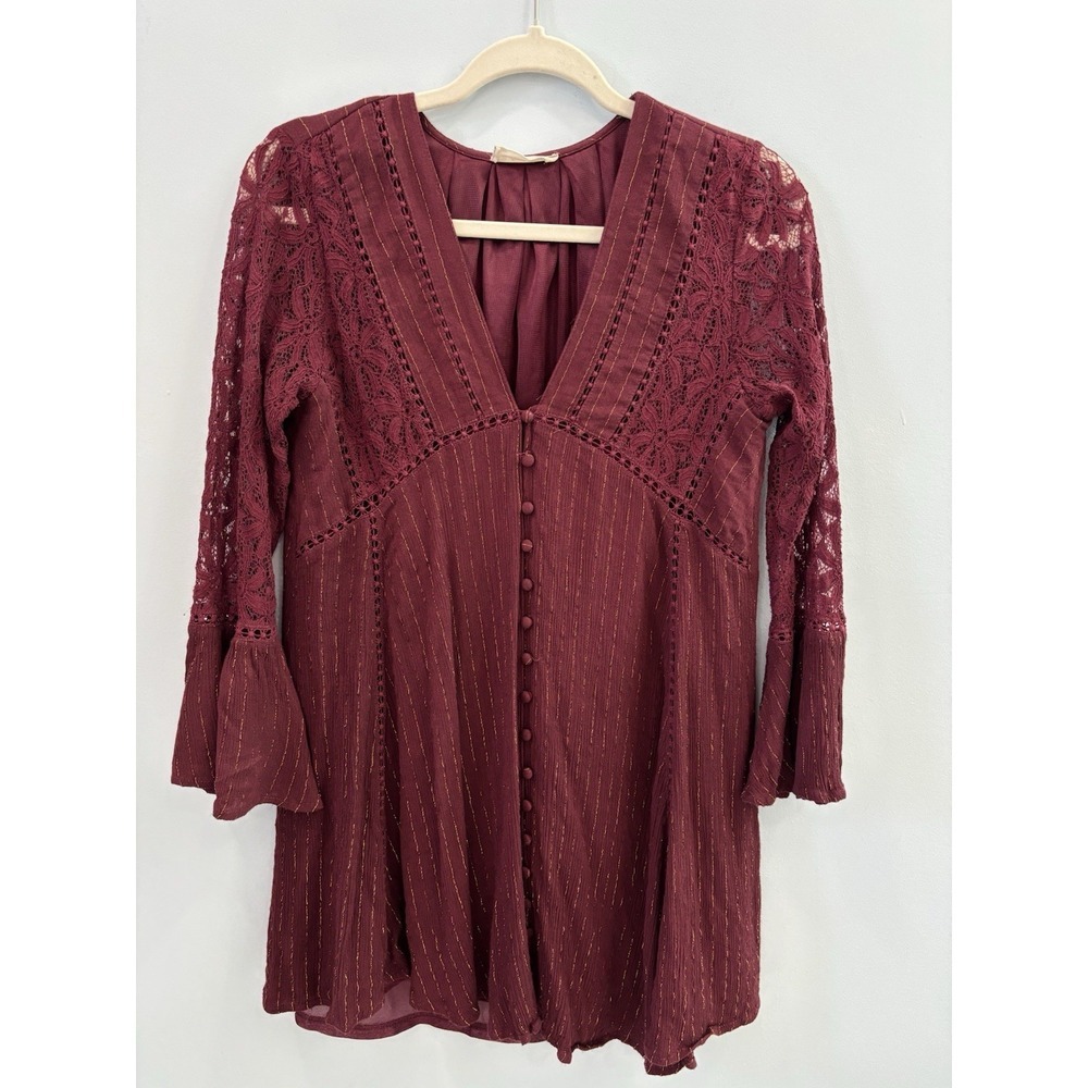 Altar'd State Medium Burgundy Lace Boho Button Front Dress Bell Sleeve Romantic